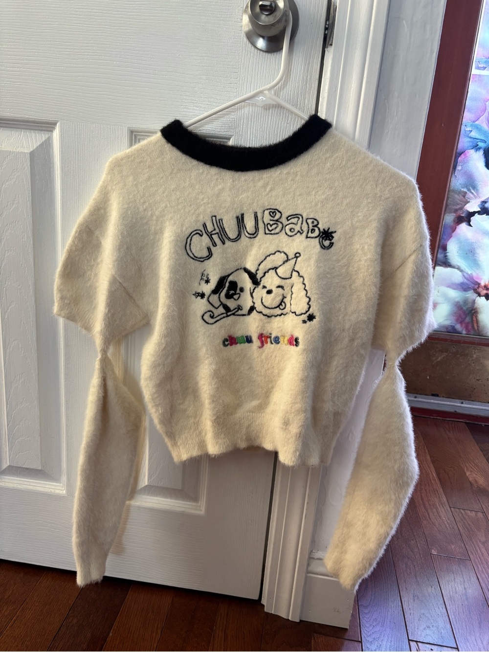CHUU Cream Fuzzy Crewneck Sweater with Black Trim